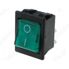 ROCKER 2-position DPST ON-OFF 16A/250VAC 20A/28VDC green