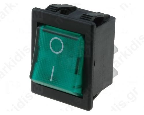 ROCKER 2-position DPST ON-OFF 16A/250VAC 20A/28VDC green