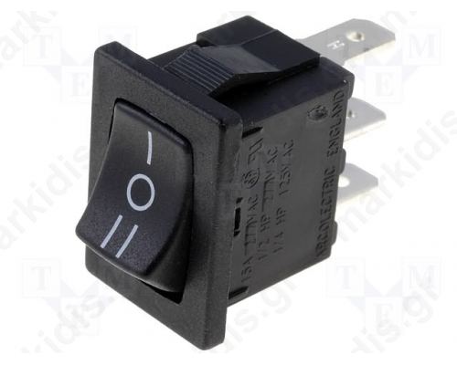 ROCKER; 3-position; SP3T; ON-OFF-ON; 10A/250VAC; 10A/28VDC; black