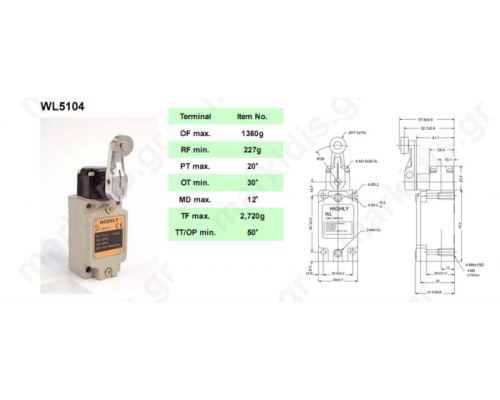 WL-5104, Limit switch; lever R 38mm, metal roller 17,5mm; NO + NC; 10A