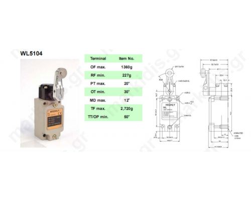 ΤΕΡΜΑΤΙΚΟΣ ΔΙΑΚΟΠΤΗΣ WL-5104,  R 38mm, metal roller 17,5mm; NO + NC; 10A