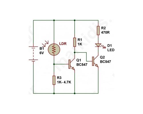 Κύκλωμα ανίχνευσης σκοταδιού με 2 τρανζίστορ