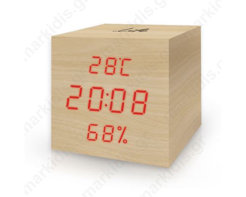 LIFE WES-105 Cube Wooden Thermometer/hygrometer with clock and alarm(natural red