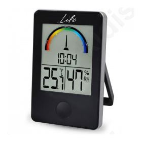 Digital indoor thermometer and hygrometer with clock.