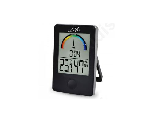 Digital indoor thermometer and hygrometer with clock.